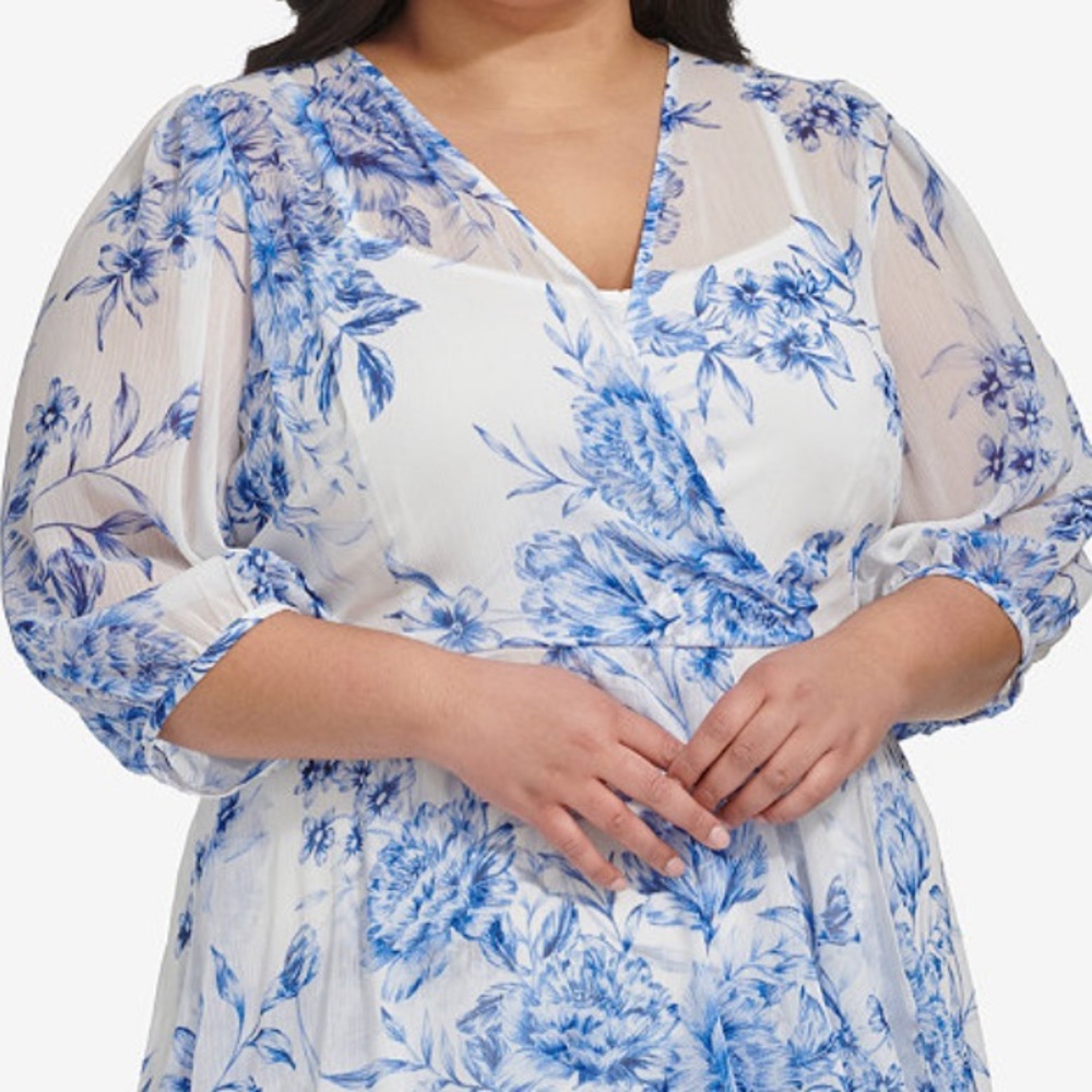 Calvin Klein Blue and White Asymmetrical Tiered Dress faux wrap - Picture 3 of 3